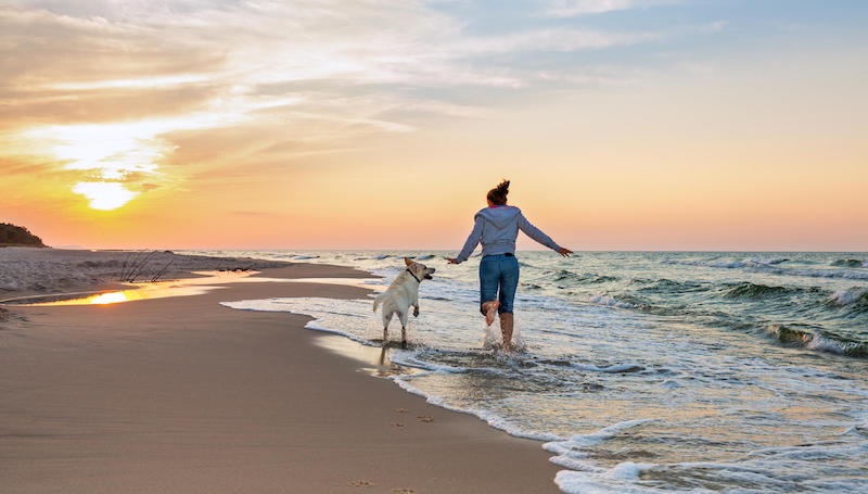 dog and woman on the beach running