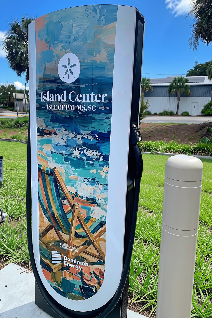 new Supercharger station wrapped in IOP artwork new Supercharger station wrapped in IOP artwork, beach chair
